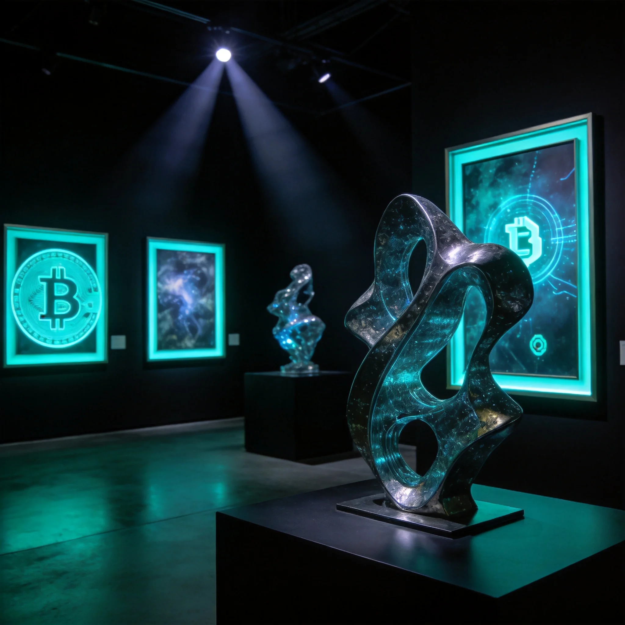 Glowing crypto artworks in a late-night digital art gallery